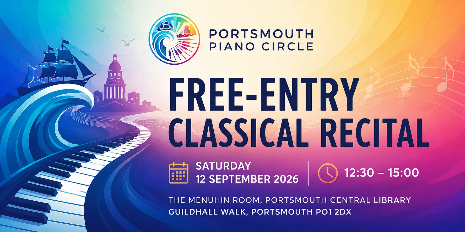 Colourful Portsmouth Piano Circle recital banner showing piano keys, a wave, a ship and Portsmouth landmarks